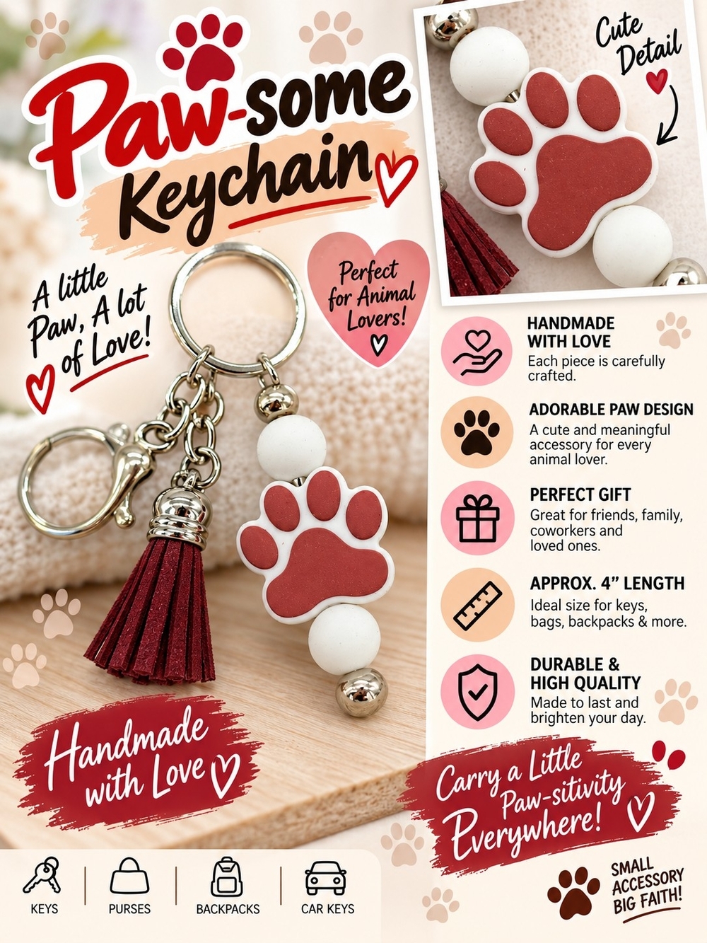 A82. Paw Print Tassel Keychain in Red & White NWT